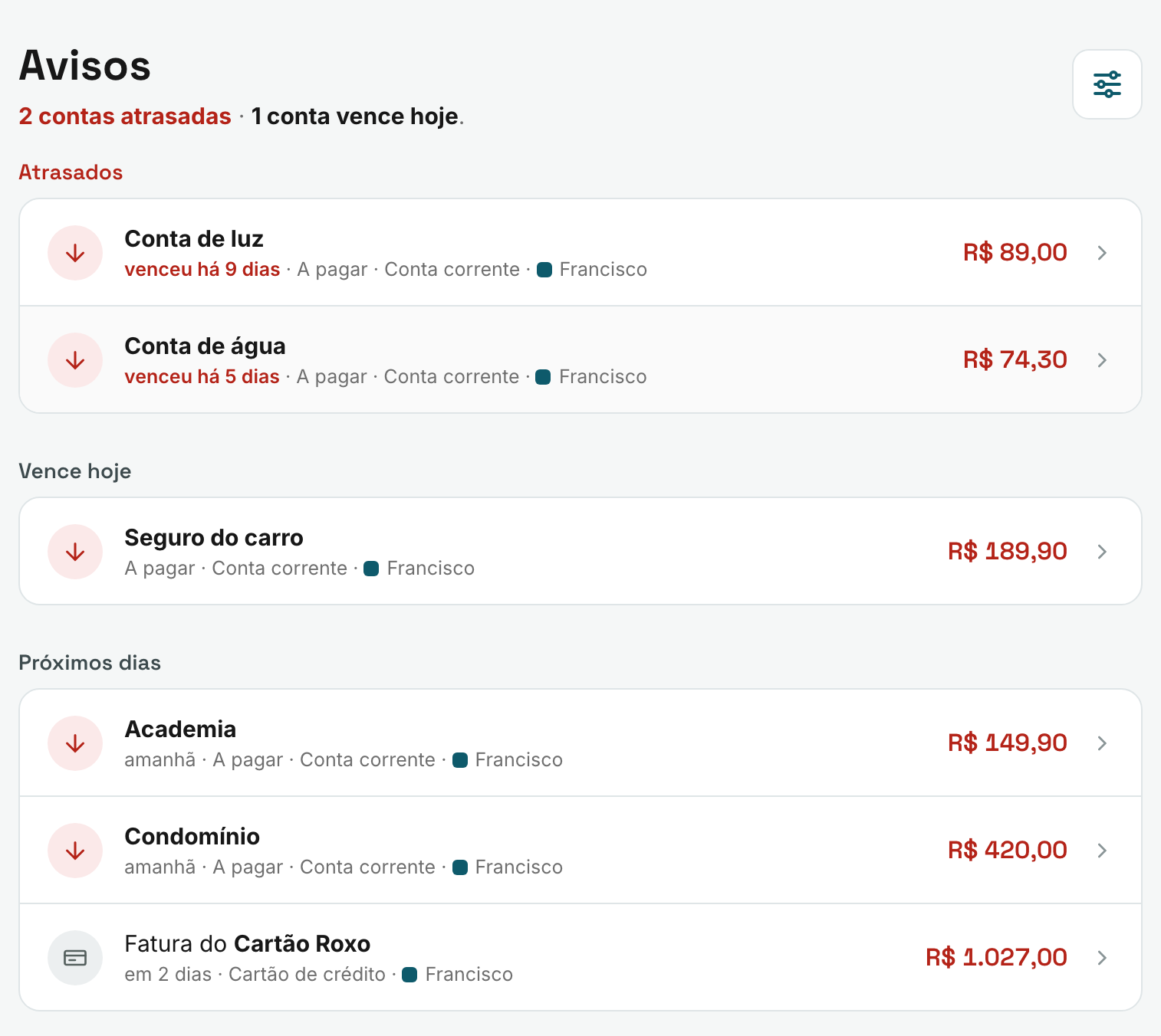 Página Avisos no computador: 2 contas atrasadas, Conta de luz e Conta de água; Seguro do carro vencendo hoje; e, nos próximos dias, Academia, Condomínio e a fatura do Cartão Roxo em 2 dias