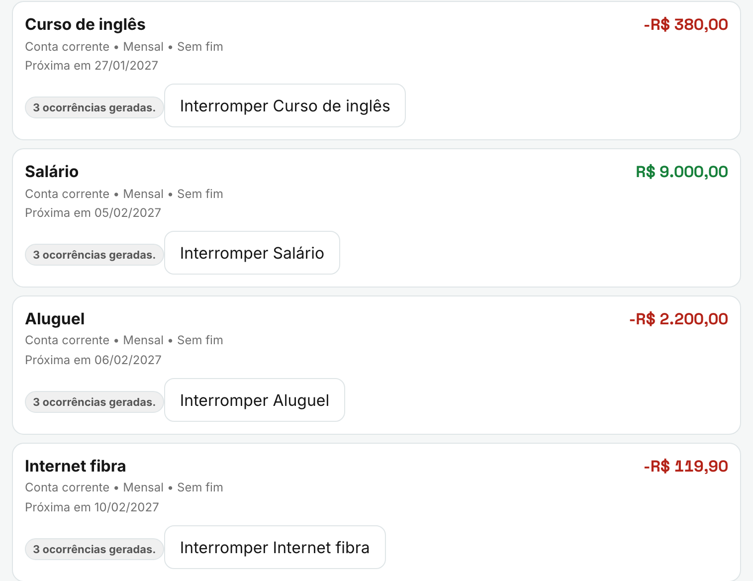Lista de recorrências no computador: Curso de inglês, Salário, Aluguel e Internet fibra, todas mensais e sem fim