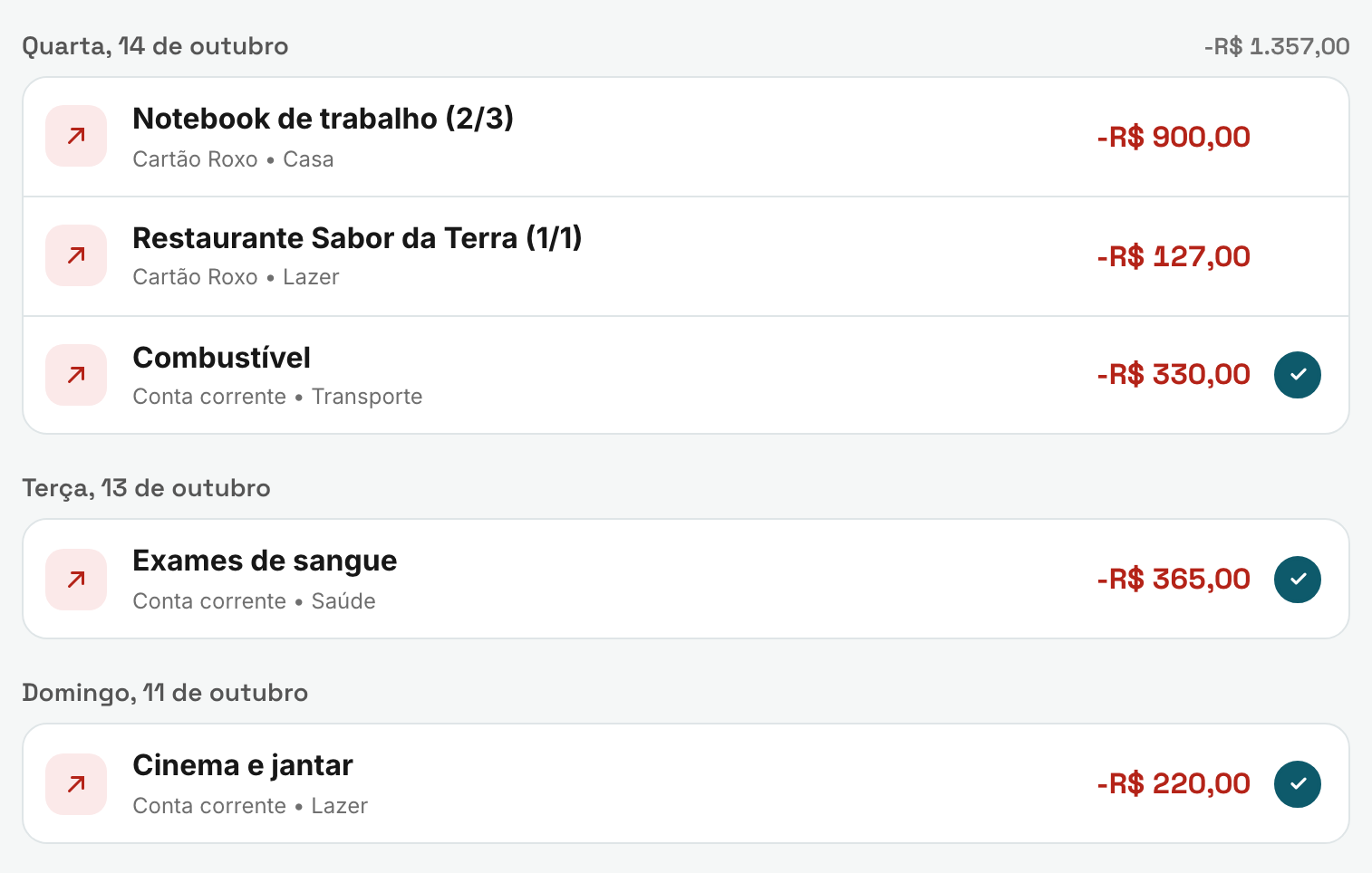 Lista de transações agrupadas por dia no computador, com o total ao lado de cada data e, em cada lançamento, conta, categoria e valor